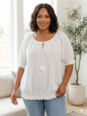 Cynthia Rowley Plus Size White Peasant Tassel Tie Top